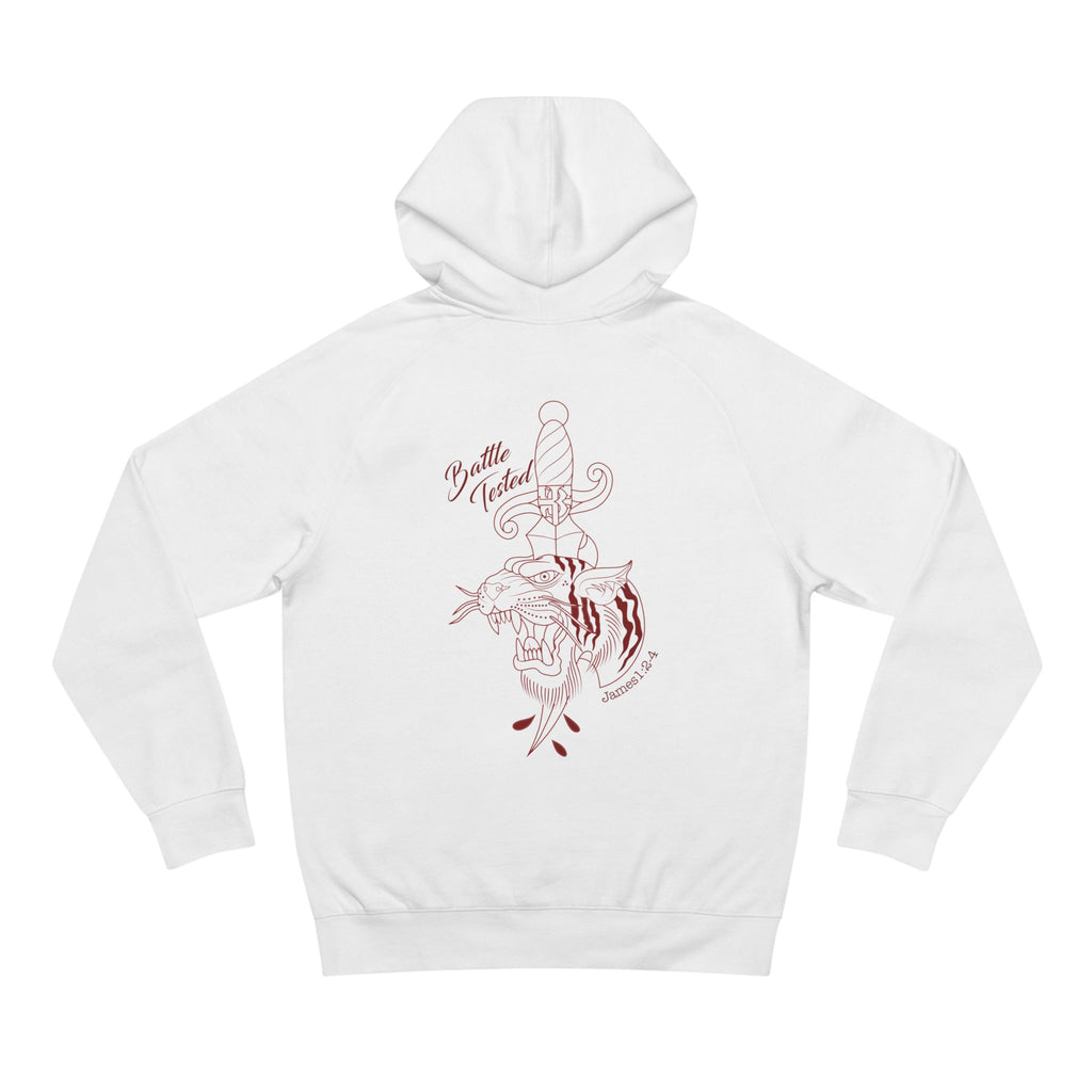 White Hoodie with Vintage Rose & Script Back Print — "Be Still, Rest"