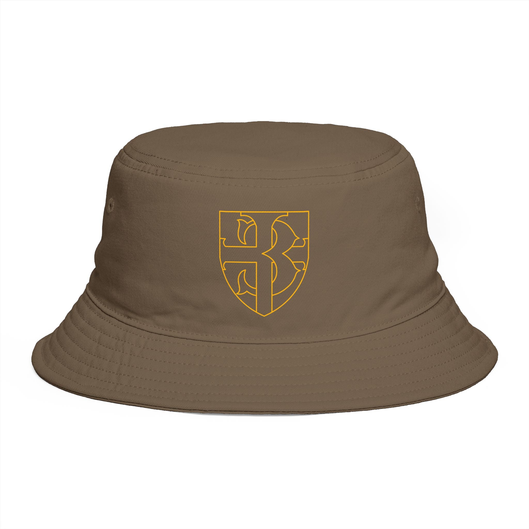 Embroidered Shield Bucket Hat — Rustic Brown Crest Sun Hat