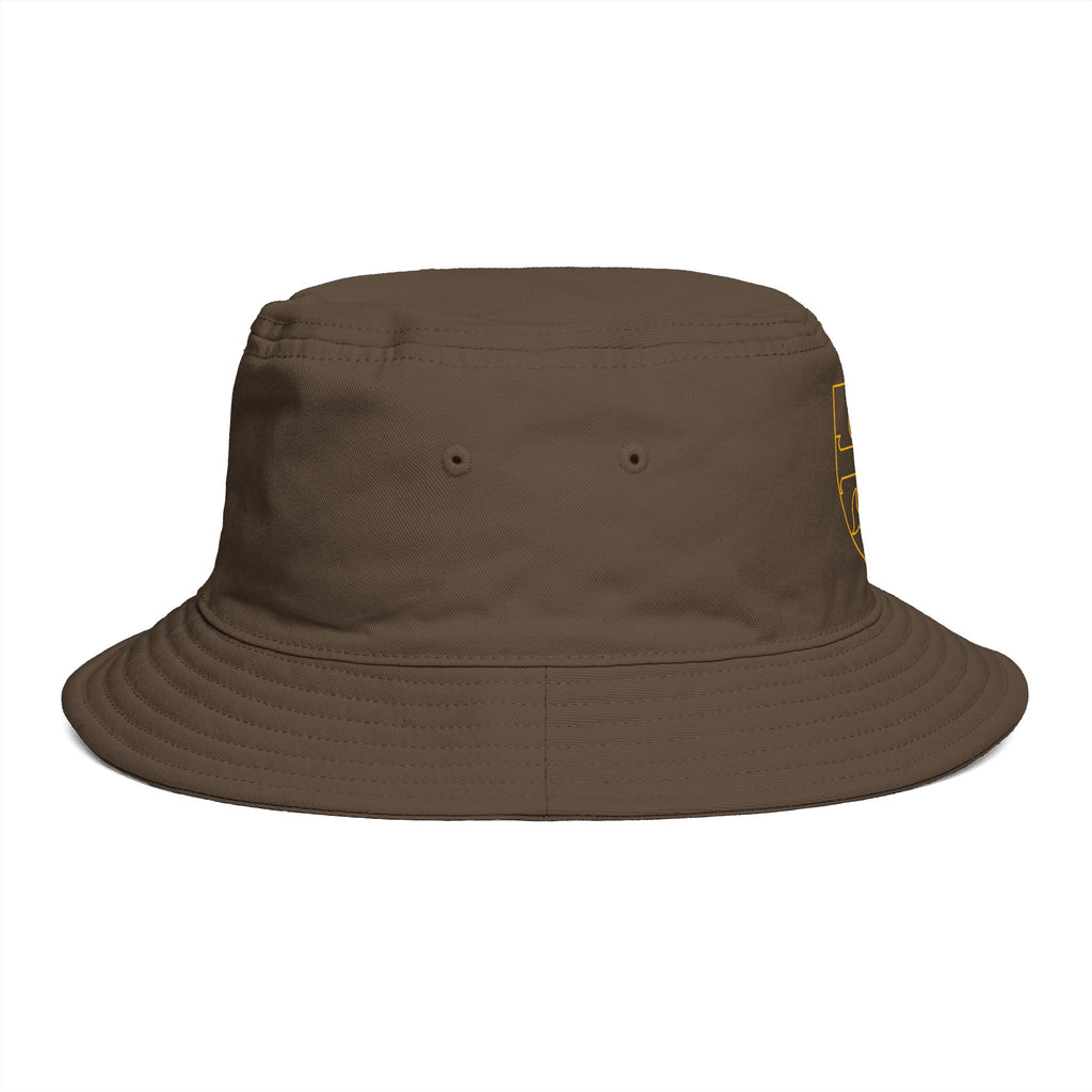 Embroidered Shield Bucket Hat — Rustic Brown Crest Sun Hat