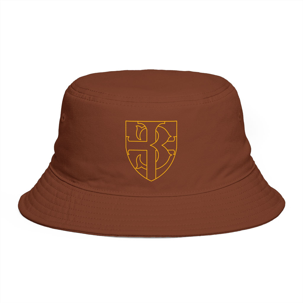Embroidered Shield Bucket Hat — Rustic Brown Crest Sun Hat