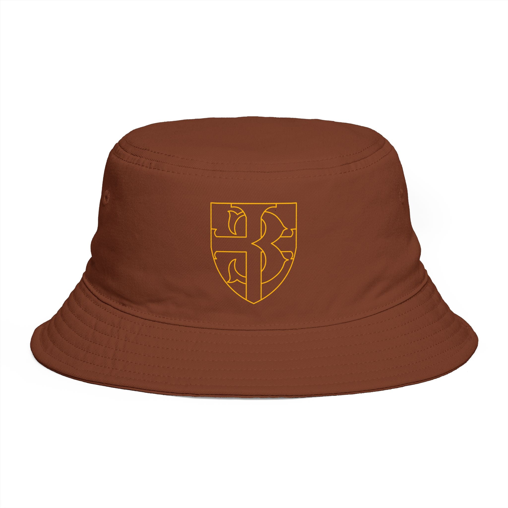 Embroidered Shield Bucket Hat — Rustic Brown Crest Sun Hat