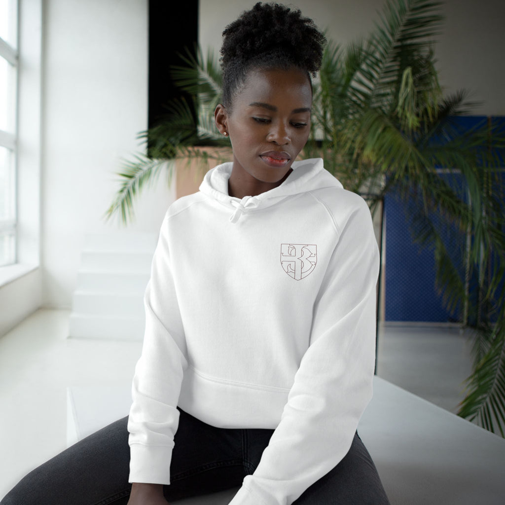 White Hoodie with Vintage Rose & Script Back Print — "Be Still, Rest"