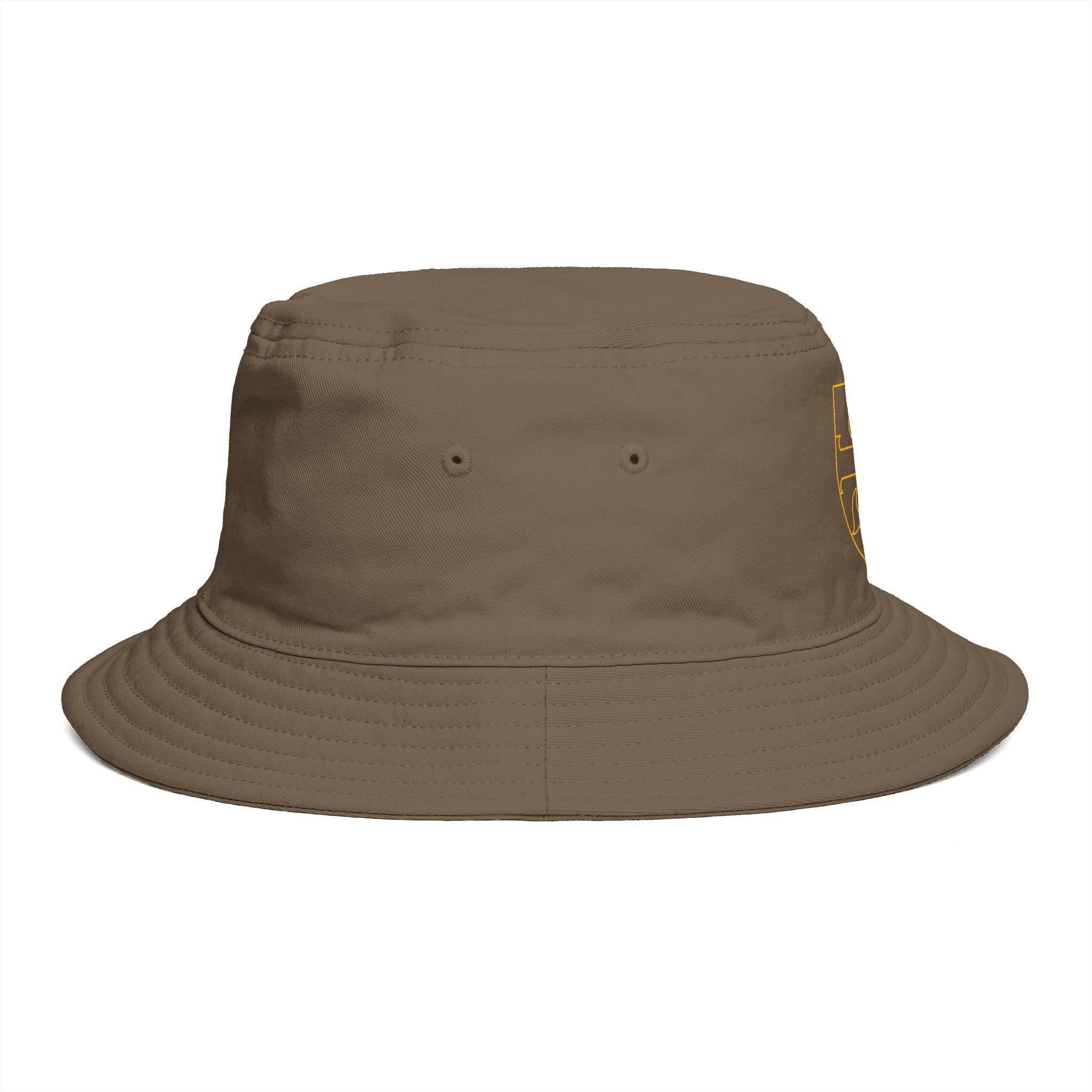 Embroidered Shield Bucket Hat — Rustic Brown Crest Sun Hat