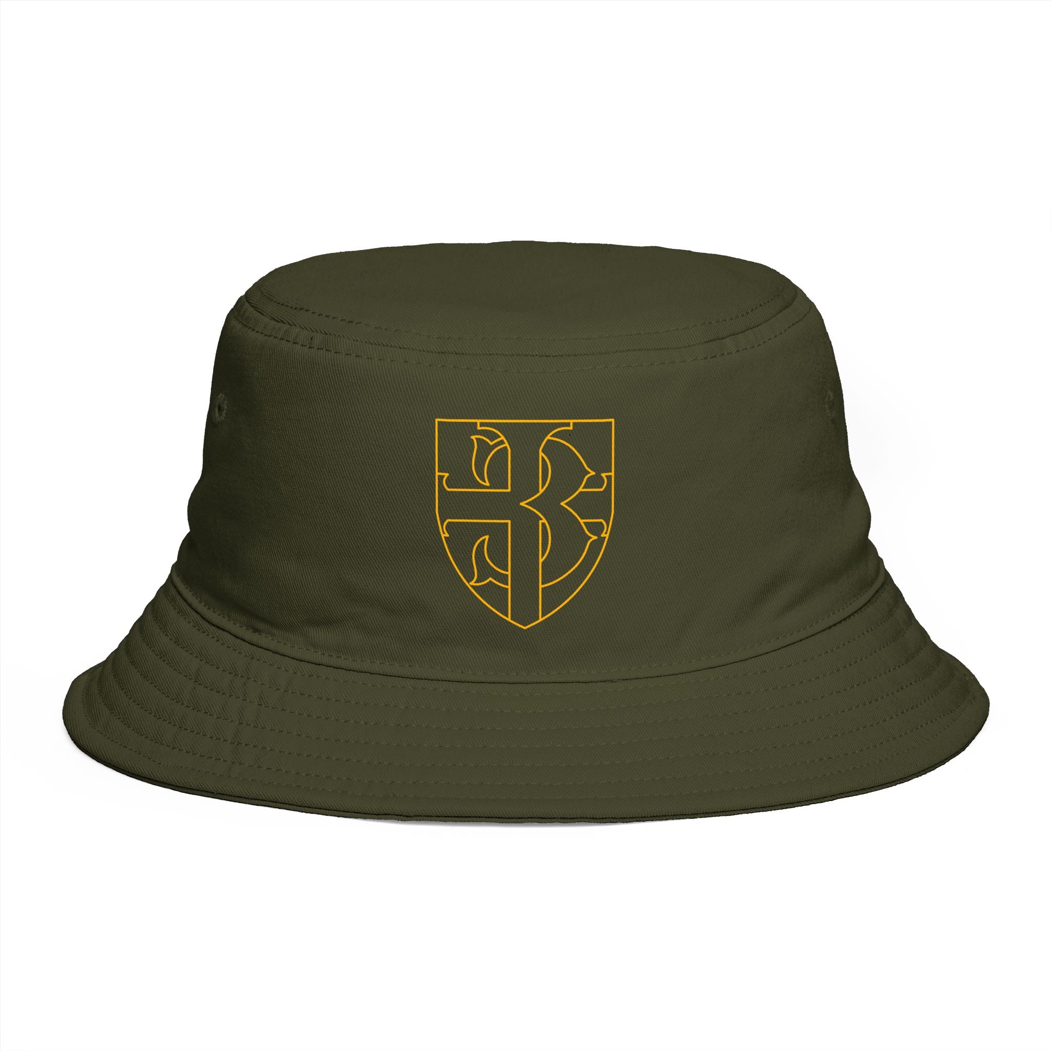 Embroidered Shield Bucket Hat — Rustic Brown Crest Sun Hat
