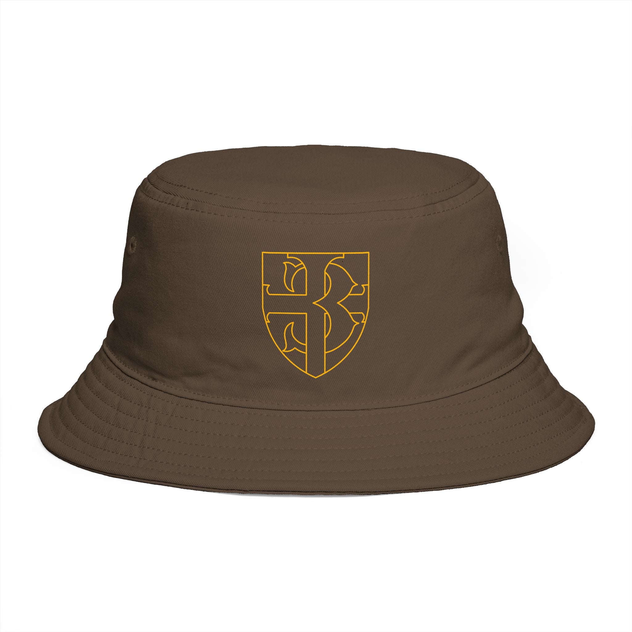 Embroidered Shield Bucket Hat — Rustic Brown Crest Sun Hat